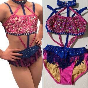 Glamour solo sassy dance costume blue pink embellished rhinestone fringe LC
